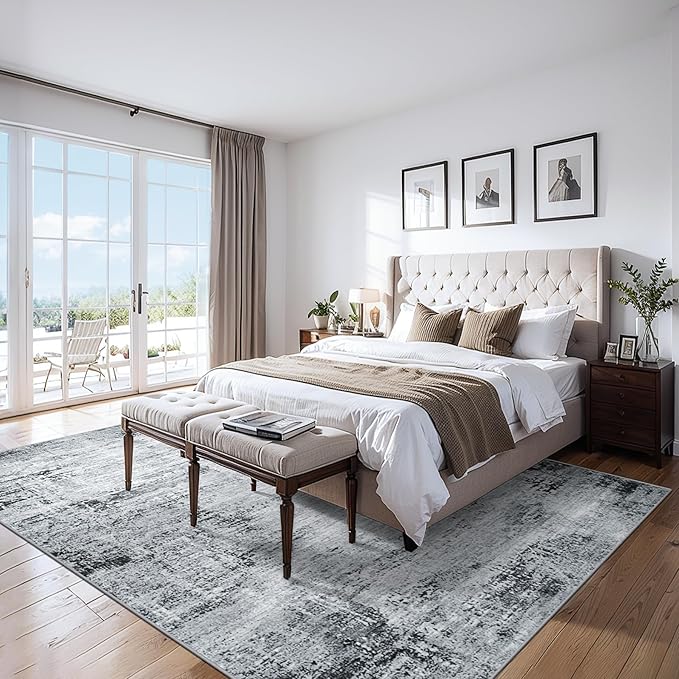 Area Rugs 9x12 Living Room - Washable Rug Modern Abstract Soft Large Neutral Non-Slip Carpet Indoor Floor Thin Carpets for Bedroom Dining Room Farmhouse Nursery Home Office Black