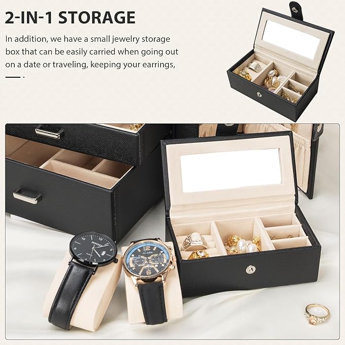 AKOZLIN 4-Tier Jewelry Box Lockable Leather Jewelry Storage Case Organizer with 3 Drawers for Women Girls Ring Necklace Earring Bracelet Watches Holder with Mirror