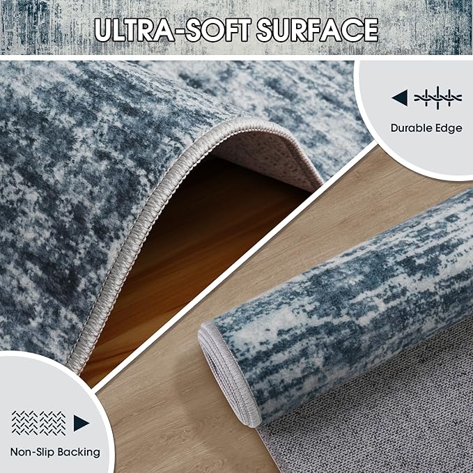 5x7 Area Rugs for Living Room Bedroom, Abstract Washable Rugs with Non-Slip Backing, Stain Resistant Indoor Floor Carpet for Dining Room Table Nursery Hallway Home Office-Blue/Ivory