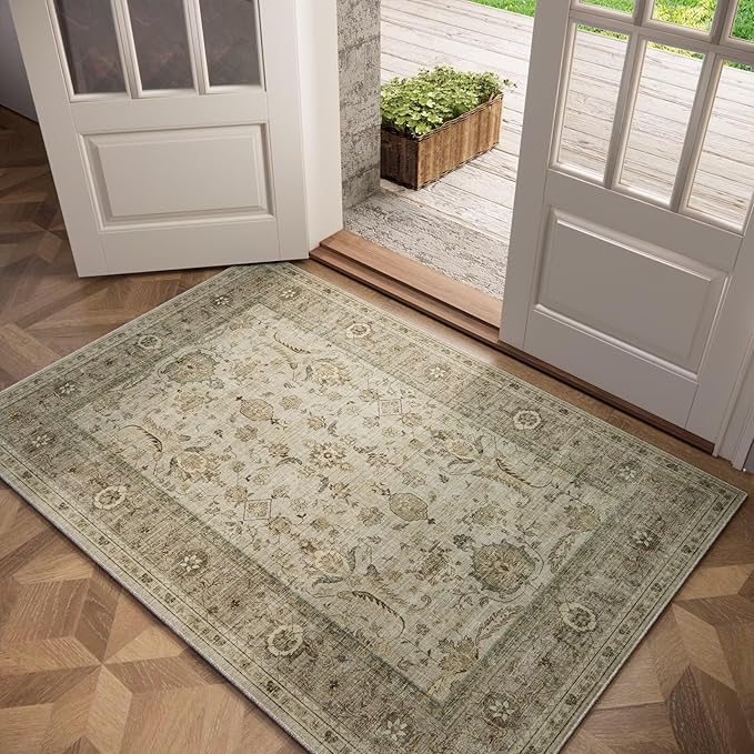 Washable 3x5 Entryway Rug Indoor, Boho Non-Slip Silicone Backing Small Rugs for Kitchen Nursery Office Bedroom, 0.3" Neutral Oriental Throw Carpet with 0.16" Cushioning Pad, Light Brown/Multi