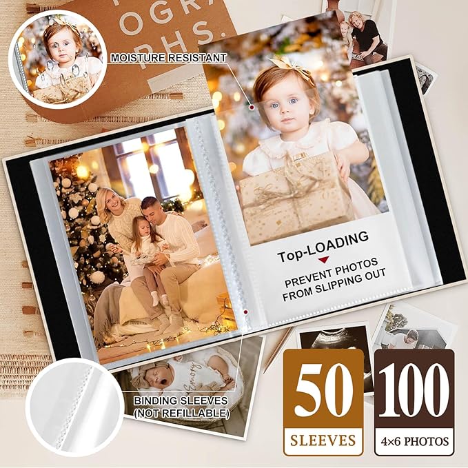 Lanpn Baby Photo Album 4x6 100 Pockets 2 Packs, Mini Linen DIY Window Photo Book Newborn Bebe Album Memory Book Sets, Holds 100 Top Loader Vertical Pictures Gift for Kids Boy Girl Baby Shower, Beige