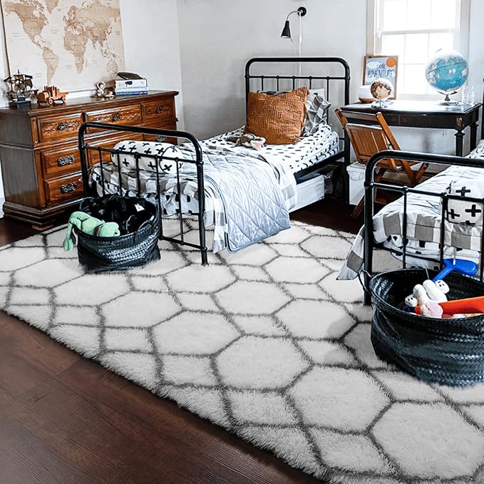 ONASAR 6x9 Area Rugs for Living Room Bedroom, Washable Large Fluffy White and Grey Throw Rug, Geometric Soft Plush Shaggy Floor Carpet for Nursery Kids Girls Boys Teen Dorm Home Decor Aesthetic