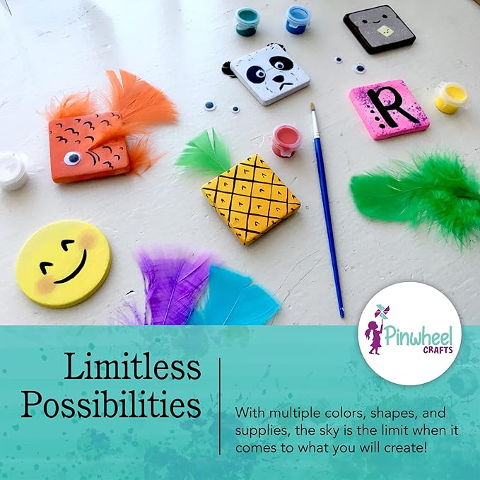 Pinwheel Crafts Magnetic Tile Art Kit Ages 6-12+ Years - Paint Your Own Magnetic Mini Tiles Includes 12 Tiles, Magnets, 8 Paints, Brush, Googly Eyes - DIY Magnet Making Kit for Kids