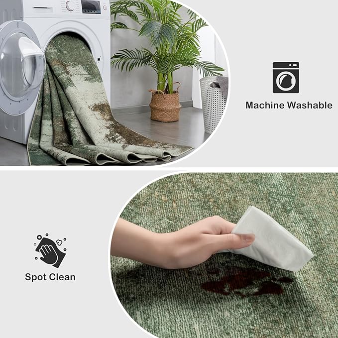 Kelarea Living Room Rug, 8x10 Rug Modern Abstract Washable Rugs Green Faux Wool Vintage Carpet, Non Slip Large Rugs for Bedroom, Dining Room, College Dorm, Home Office