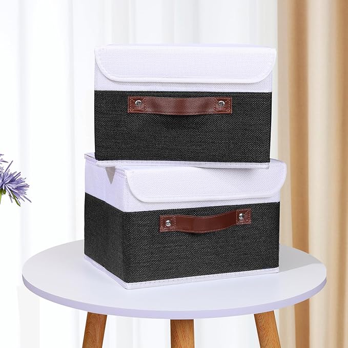 ANMINY 4PCS Storage Boxes with Lid Washable Decorative Storage Bins Basket with PU Leather Handle Foldable Linen Fabric Storage Cubes Containers for Home Closet Organizer - Black White, Small Size