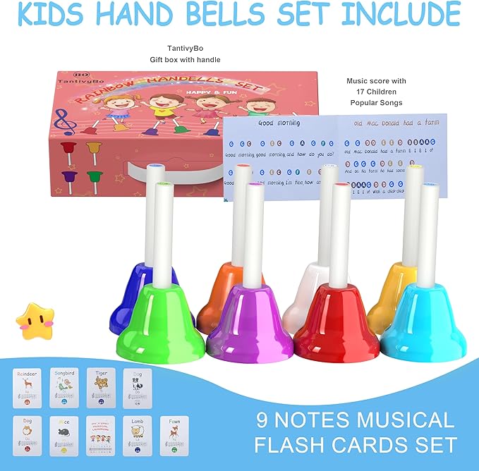 Hand Bells, 8 Note Musical Handbells Set with 17 Songbook Musical Toy Percussion Instrument for Toddlers Children Kids for Children's Day Family Activity School and Church (Upgraded Edition)