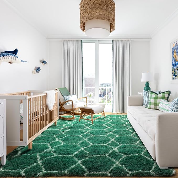 ONASAR Area Rugs for Living Room Bedroom, 5x8 Washable Fluffy Dark Green and White Rug, Geometric Boho Soft Plush Shaggy Fuzzy Floor Carpet for Nursery Kids Girls Boys Teen Dorm Home Decor Aesthetic