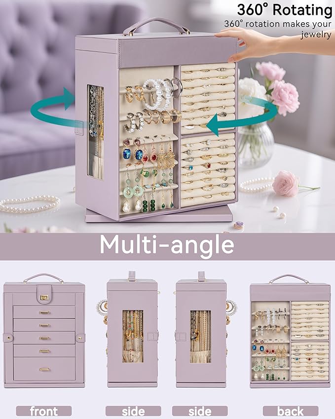 AKOZLIN 360° Rotating Jewelry Box 6-Tier Organizer Functional Jewelry Storage Case for Women Girls Ring Necklace Earring Bracelet Holder with Mirror Purple