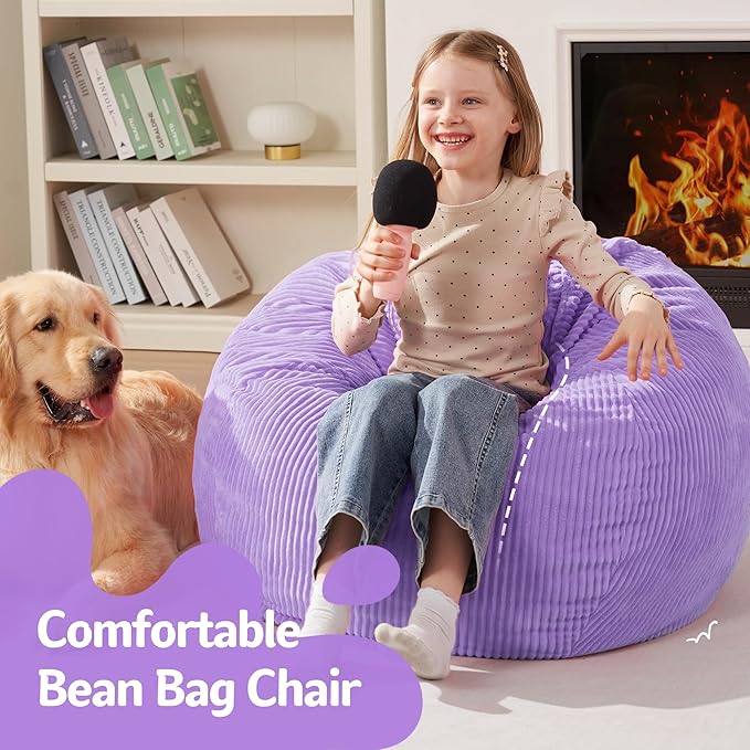 Homguava 2FT Bean Bag Chair,Teardrop Bean Bags Small Beanbag Chair with Memory Foam Filled and Ultra Soft Corduroy Cover for Living Room, Bedroom (Small,Purple)