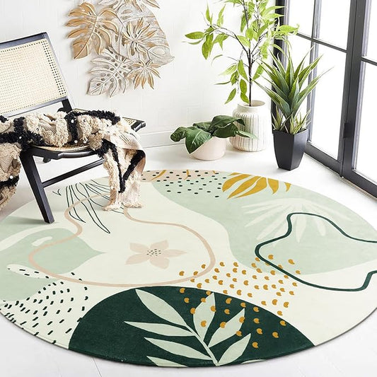 Lahome Green Washable Round Rug - 7Ft Round Area Rug for Living Room Throw Soft Boho Round Rug Large Non-Slip Round Dining Room Rug, Botanical Print Floor Round Carpet for Bedroom Office (Pink,7'x7')