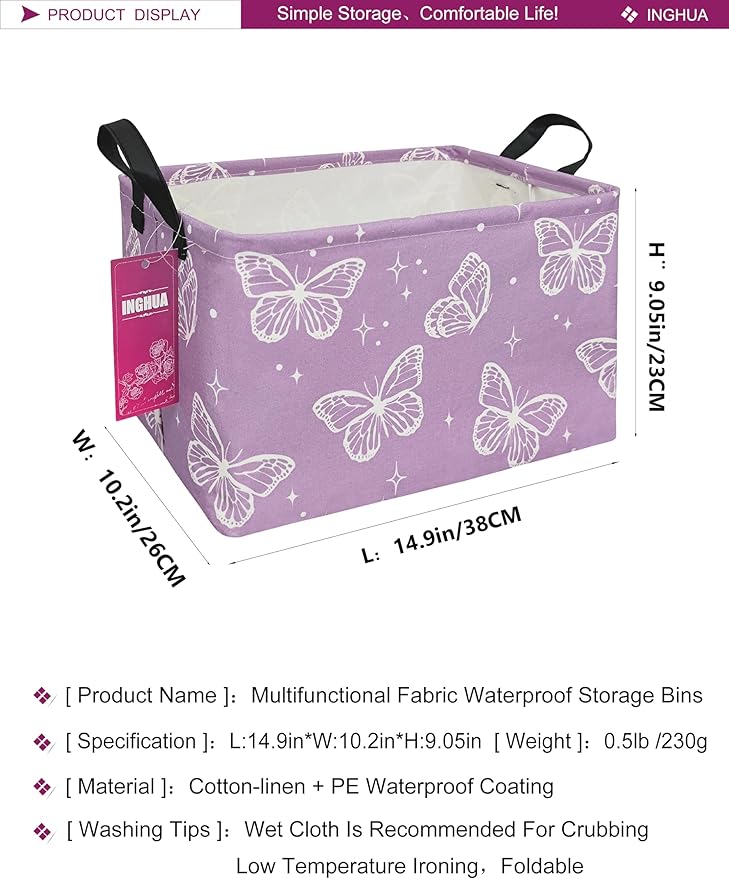 Rectangular Storage Basket Fabric Organizer Bin for Toys,Books,Clothes,Gifts,Pets-Perfect for Home,Office,Nursery,Dorm,Shelf(Rec-butterfly )