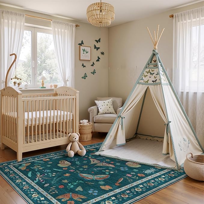 6x9 Rugs for Living Room with Insect Print - Bug Rug Non-Silp Stain Resistant Soft Carpet for Bedroom, Low Pile Ultra-Thin Machine Washable Carpet for Dining Room, Kids Nursery, Office (6'x9' Teal)