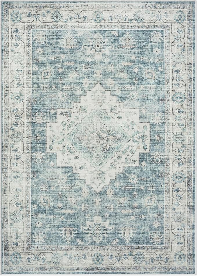 LIVEBOX Washable Area Rug 10x14 Rugs for Living Room Bedroom, Non-Slip Boho Indoor Carpet for Dining Room Office, Low-Pile Farmhouse Soft Carpets for Kids Nursery Room Playroom, Blue