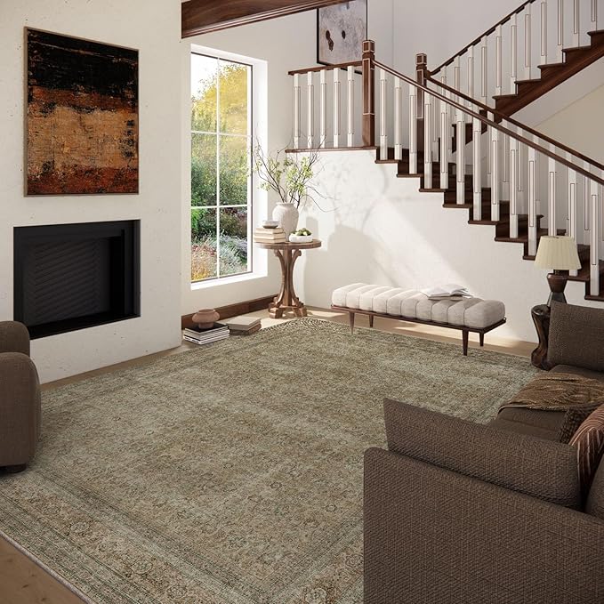 Washable Area Rugs for Living Room: 6x9 Bedroom Rug Boho Vintage Rugs Stain Resistant Non Slip Low Pile Lightweight Soft Carpets for Dining Room Kitchen Nursery Kids Room Farmhouse Living Room