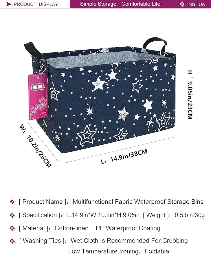 Rectangular Storage Basket Fabric Organizer Bin for Toys,Books,Clothes,Gifts,Pets-Perfect for Home,Office,Nursery,Dorm,Shelf(Rec-Blue star )