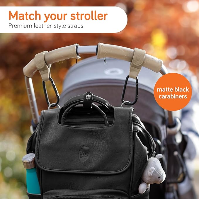 Baby Uma Stroller Hooks for Bags (2 Pack) - Leather-Style Stroller Clips and Hooks, Non-Slip Stroller Accessories, Carry 11 lbs Per Stroller Hook, Universal Baby Essentials & Stroller Accessories