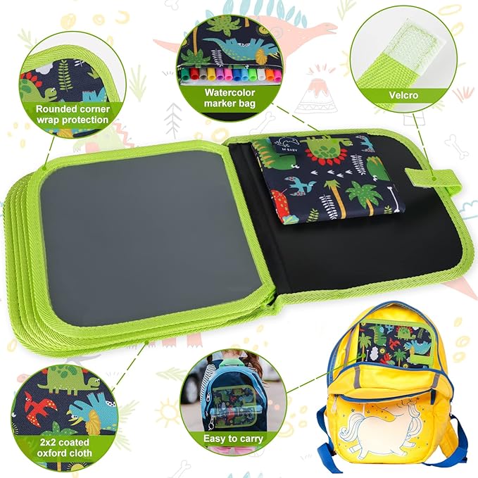 Erasable Doodle Set for Kids - Reusable Magic Drawing Book with 12 Watercolor Pens 14 Page Drawing, Road Trip Car Game Writing Painting Set for Boys and Girls (Green)