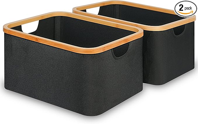 efluky Storage Baskets for Organizing, Fabric Storage Bins with Bamboo Handles, Collapsible Storage Baskets for Shelves and Closet (Black, 16.2'' x 13'' x 9.1'')