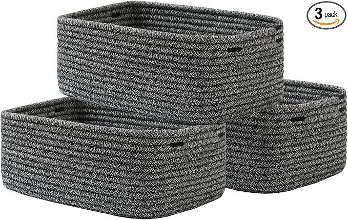 KALLAX Small Woven Basket, 13.5 x 9.5 x 5 Inches, Storage Basket for Organizing, Cute Small Rope Shelf Closet Cube Storage Bins Baskets for Shelves, Dog Toy Gift Baskets Empty, 3 Pack Mixed Black