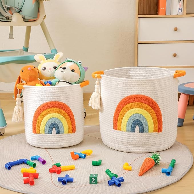 INough Toy Storage Baskets Woven Cotton Rope Storage Basket Kids Blanket Baskets for Living Room, Toys Organizer with Embroidery Colorful Rainbow Decor, Baby Basket for Laundry Nursery (Boho Rainbow)