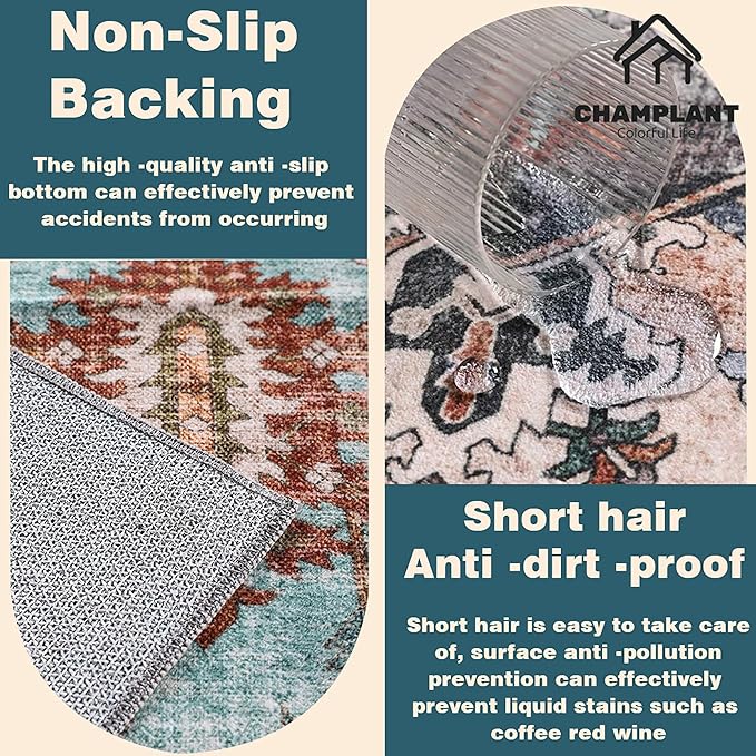 3'x5' Blue Khaki Vintage Washable Thin Area Rug Traditional Floor Cover Foldable Indoor Distressed Non Slip Carpet Floral Print Mat for Bedroom Living Room Bathroom