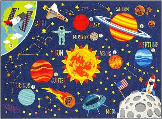 KC Cubs 5x7 Outer Space Solar System Toy Car Road Rug – Educational Play Mat Carpet for Kids, Toddlers, Nursery, Classroom, Playroom, Baby Daycare