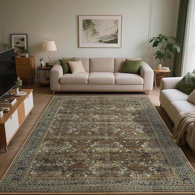 5x7 Machine Washable Area Rug for Living Room Dining Room, Vintage Floral Kitchen Rugs Non Slip, Traditional Indoor Floor Carpet for Bedroom, Farmhouse, Office Classroom Brown/Yellow