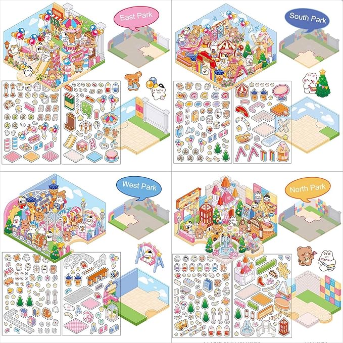 DIY 3D House Stickers, Cute 3D Cartoon Scene for Adult Kids Relief Stress Pass The Time,Cute Make Your Own House Stickers for Gifts Paint by Sticker.(4 Set)