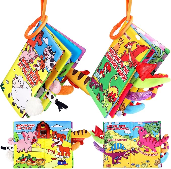 Vanmor 2 Pack Baby Cloth Books, High Contrast Sensory Crinkle Toys for 0-6 Months Infants, Soft Tummy Time Travel Essentials, for Boys, Easter Basket Stuffers