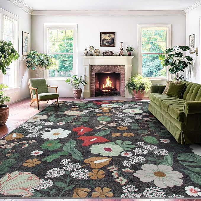 Area Rug Living Room Rugs: 6x9 Washable Rug Vintage Floral Soft Boho Non Slip Carpet Indoor Floor Non Shedding Low Pile Thin Carpets for Bedroom Dining Room Farmhouse Nursery Home Office Green