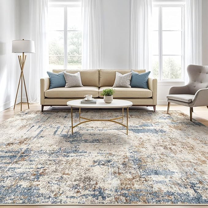 9x12 Area Rug Washable Rugs: Living Room Large Abstract Modern Soft Stain Resistant Indoor Floor Non Slip Accent Carpet for Bedroom Nursery Playroom Office Dining Room Dorm Home House- Tan