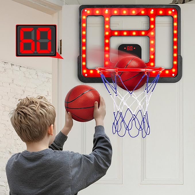 Kids Basketball Hoop Adjustable Height 3.5FT-6.2FT, Indoor Outdoor Toddler Basketball Hoop with LED Scoreboard, Boys Basketball Toy for 3 4 5 6 7 8 Years Gift, Portable Basketball Goals Sport Game