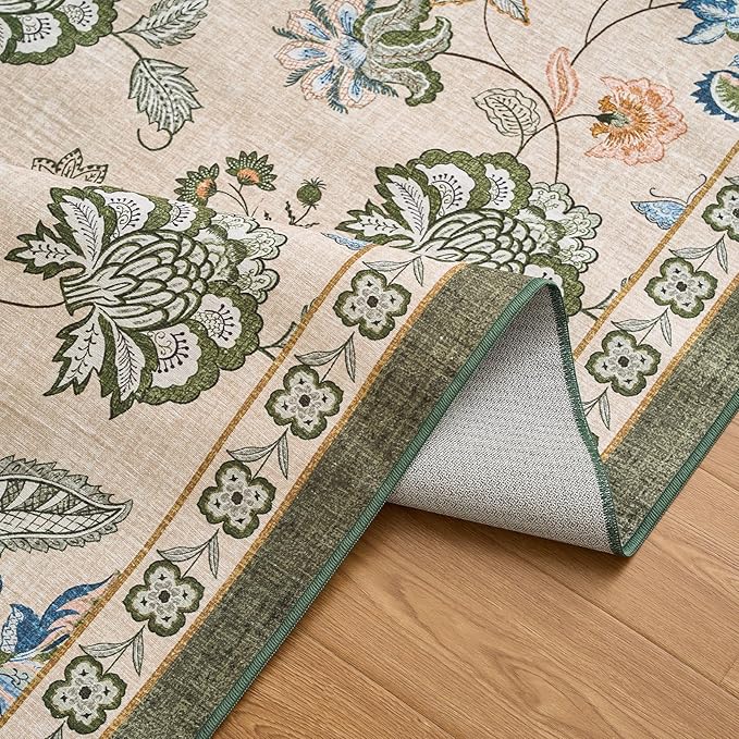 jinchan Floral Corner Rug for Living Room Washable Bedroom Rug Vintage Romance Design Non Slip Quarter Circle Lightweight Low-Pile Throw Carpet for Reading Nook Playroom,6ft Radius, Green/Beige