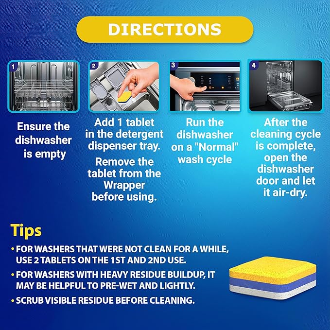 Dishwasher Cleaner Deodorizer Descaler Tablets - 56 Tabs - 1 Plus Year Supply - Extra Scented Deep Cleaning Sanitizer Pods - Remove Hard Water - Contain Citric Acid Heavy Duty Septic Safe - Lemon