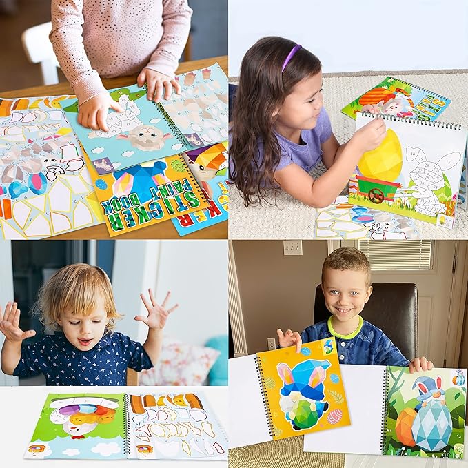 90shine 4PCS Easter Crafts for Kids Ages 4-8 Sticker Books - Basket Stuffer Gift Includes Bunny Egg Chick Gnome and More Designs Create 40 Pictures
