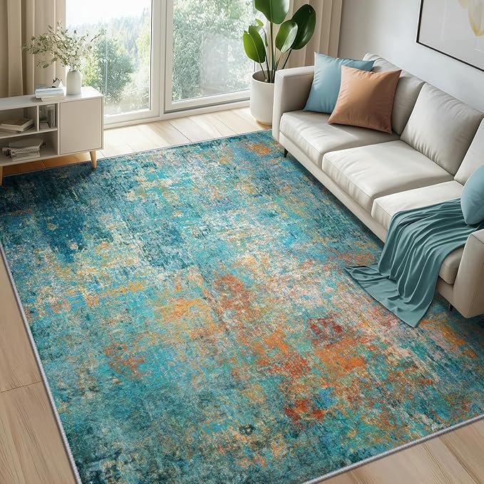 Washable Area Rugs 7'x9' Non-Slip Modern Abstract Soft for Living Room Entryway Bedroom Nursery, Print Pattern, Teal Blue Green Orange Rust Red Colorful