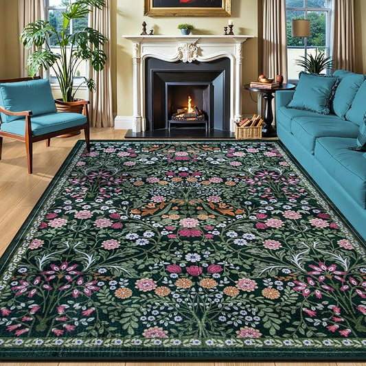 Area Rugs 9x12 Living Room: Floral Washable Rug Vintage Large Soft Boho Non-Slip Carpet Indoor Floor Stain Resistant Low Pile Carpets for Bedroom Dining Room Farmhouse Nursery Home Office Dark Green