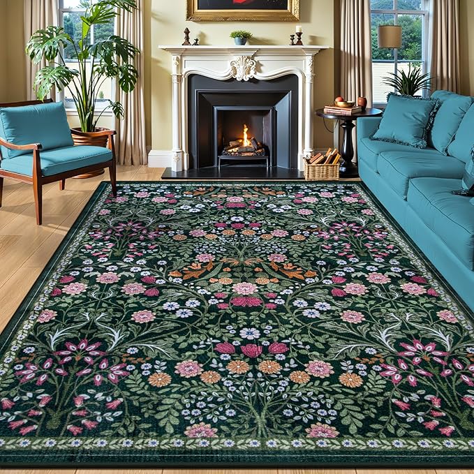 10x14 Area Rugs for Living Room: Floral Washable Rug Vintage Large Soft Boho Non-Slip Carpet Stain Resistant Low Pile Carpets for Bedroom Dining Room Farmhouse Nursery Hallway Home Office Dark Green