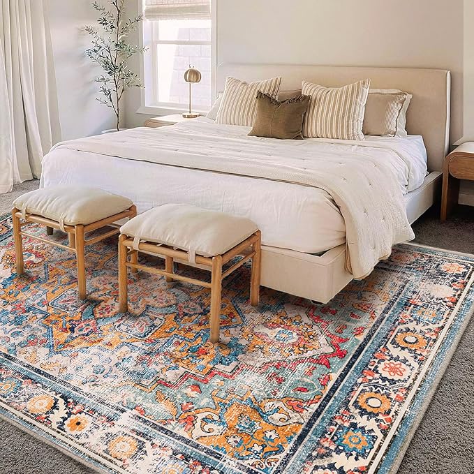 Washable Area Rug 3'x5' Rugs for Living Room Retro Flowers Machine Non-Slip Bedroom Vintage Trellis Distressed Carpet for Dining Room Office