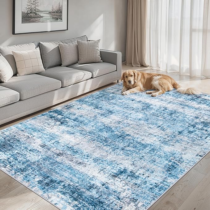 Area Rugs 10x12 Living Room - Washable Rug Modern Abstract Soft Large Neutral Non-Slip Carpet Indoor Floor Thin Carpets for Bedroom Dining Room Farmhouse Nursery Home Office Blue Grey