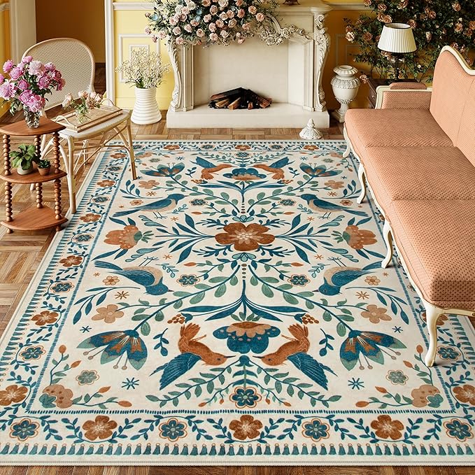Moynesa Boho Bird 9x12 Area Rug Washable 9x12 Rugs for Living Room, Large Floral Bedroom Carpet Low-Pile Soft Animal Playroom Rug, Jungle Pattern Indoor Carpet for Dining Room Nursery