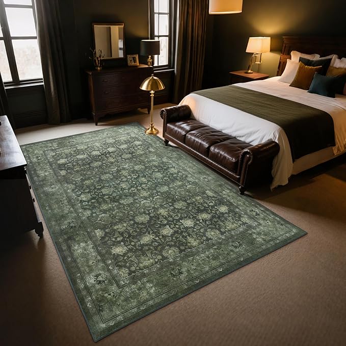 Large 8x10 Washable Area Rug for Living Room, Non Slip Vintage Traditional Rugs for Bedroom, Indoor Thin Accent Floral Nursery Carpet for Dining Room, Farmhouse (Distressed Green)