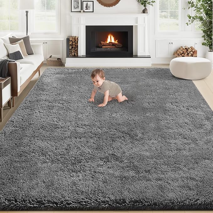 8x10 Area Rug for Living Room: Fluffy Shag Soft Washable Rugs Large Fuzzy Plush Indoor Carpet for Bedroom Nursery Playroom Kids Girls Boys Room (Dark Grey, 8'x10')