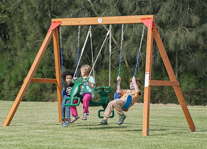 DIY Swing Sets for Backyard, Wooden Playground Sets with Glider Swing and 2 Belt Swings, Kids Outdoor Play Equipment, Outdoor Playset
