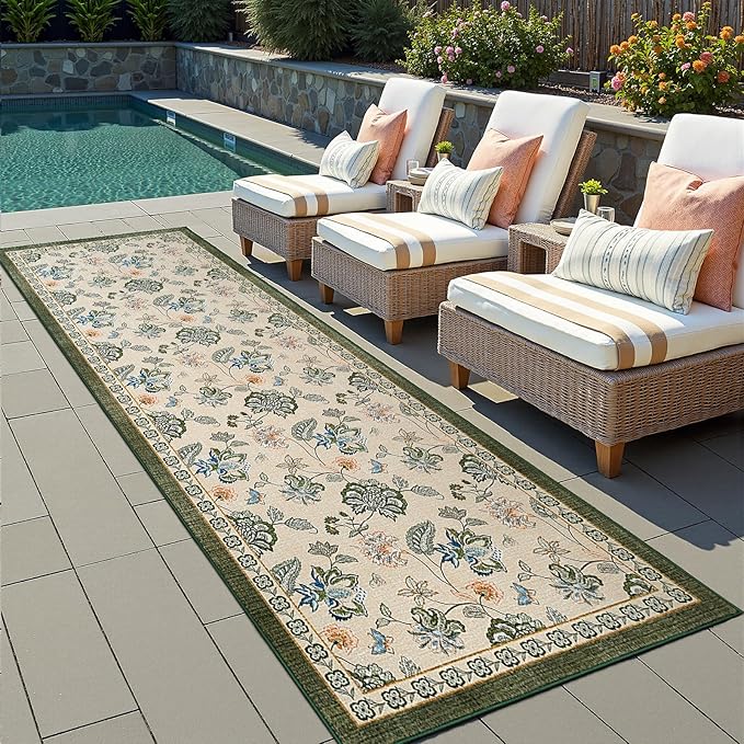 jinchan 3x10 Floral Runner Rug for Hallway Washable Kitchen Runner Vintage Romance Design Non Slip Thin Indoor Floor Cover Low-Profile Throw Carpet for Entryway Bathroom Bedroom Porch, Green/Beige