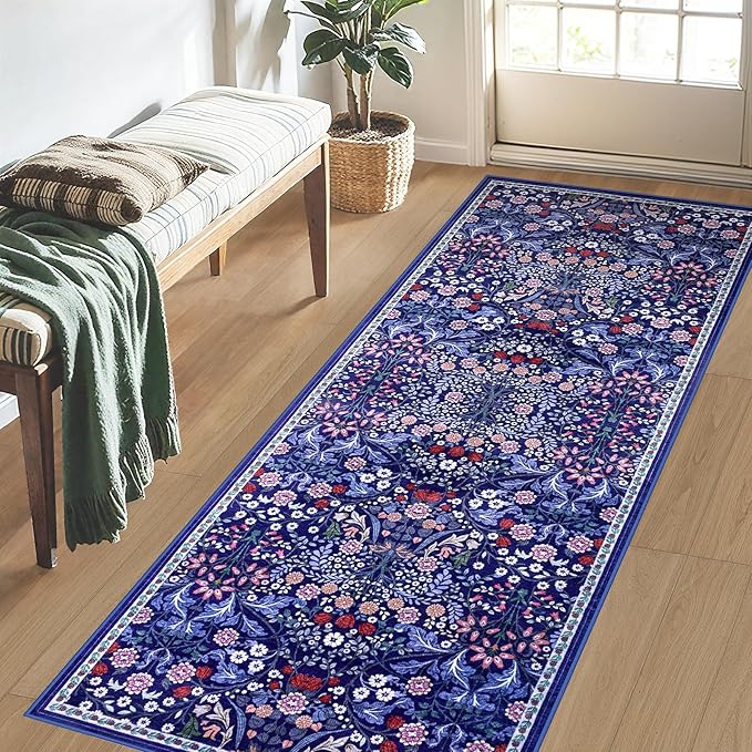 Runner Rug for Entryway: 2x10 Kitchen Rugs Non Slip Washable Ultra-Thin Soft Floral Carpet Indoor Floor Stain Resistant Carpets for Hallway Bedroom Kitchen Laundry Bathroom Dorm Blue