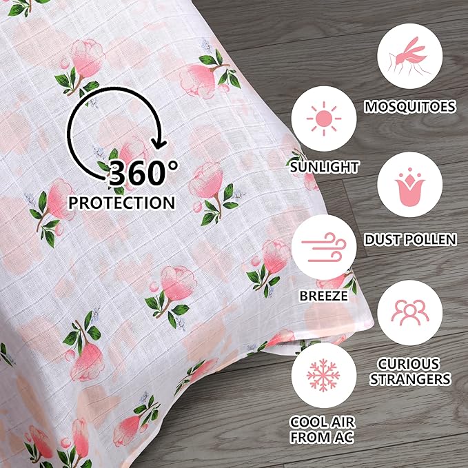 Rquite Car Seat Covers for Babies - 100% Muslin, Lightweight, Soft, Breathable Baby Carrier Cover - Summer Stroller Canopy (Pink Flower)