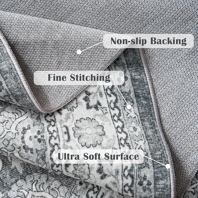 jinchan Round Rug 6ft Washable Circle Soft Rug - Low Pile Vintage 6'Round Indoor Grey Floral Print Stain Resistant Boho Carpet Ultra-Thin Non-Slip for Living Room Nursery Bedroom Dining Room Kitchen