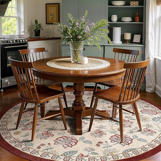 jinchan 8ft Floral Round Rug for Dining Room Washable Living Room Rug Vintage Romance Design Non Slip Indoor Floor Cover Lightweight Low-Profile Throw Carpet for Bedroom Porch Patio, Red/Beige