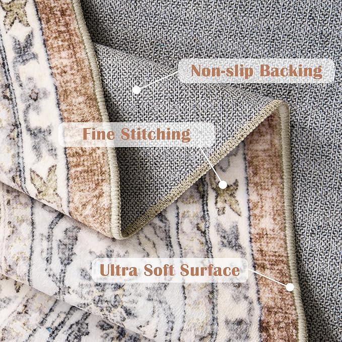 jinchan Round Rug 5ft Washable Circle Soft Rug - Low Pile Vintage 5'Round Indoor Orange Floral Print Stain Resistant Boho Carpet Ultra-Thin Non-Slip for Entryway Nursery Bedroom Dining Room Kitchen